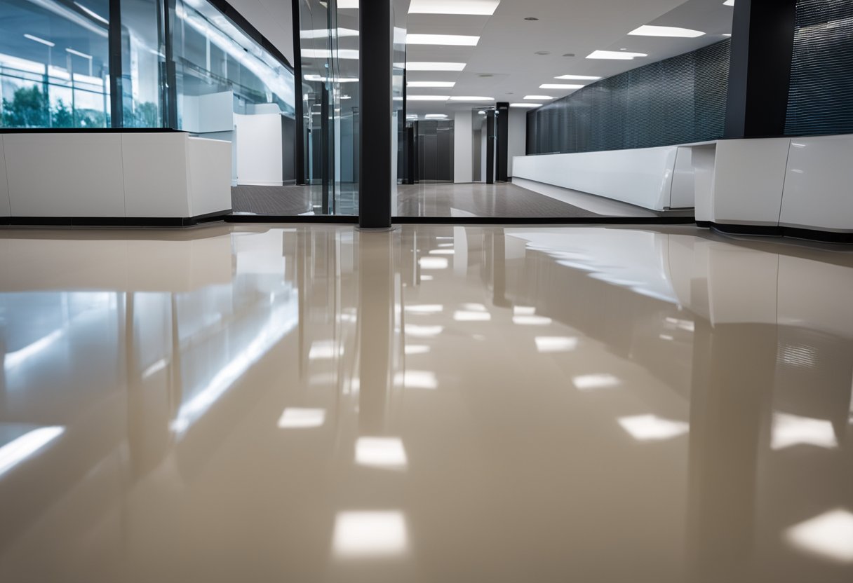 A modern, sleek epoxy flooring surface stands out among other flooring options, with a high-gloss finish and seamless, durable appearance