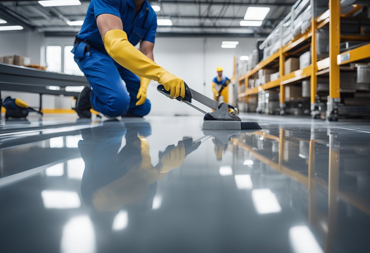 A team of epoxy flooring professionals meticulously apply a glossy finish to a sleek, modern space. Tools and equipment are neatly organized nearby