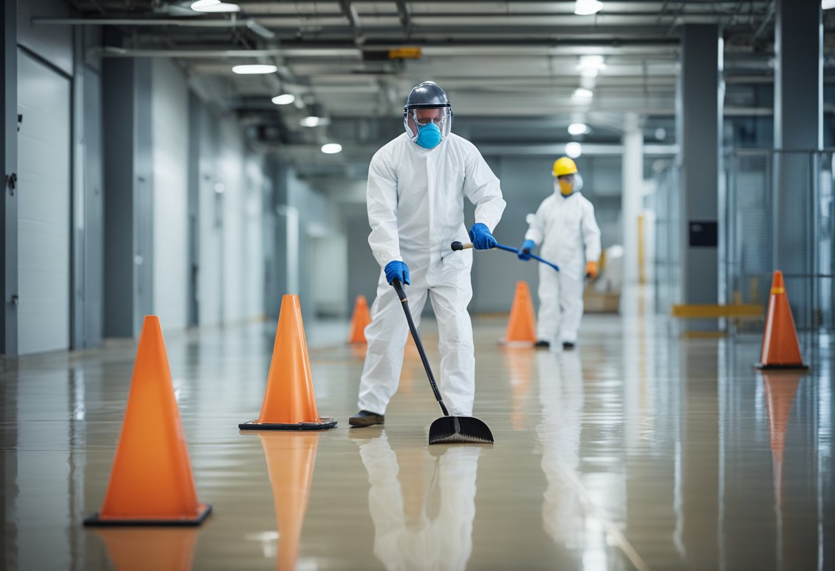 A worker wearing protective gear applies epoxy coating to a clean, well-ventilated floor. Safety signs and barriers are in place to prevent accidents