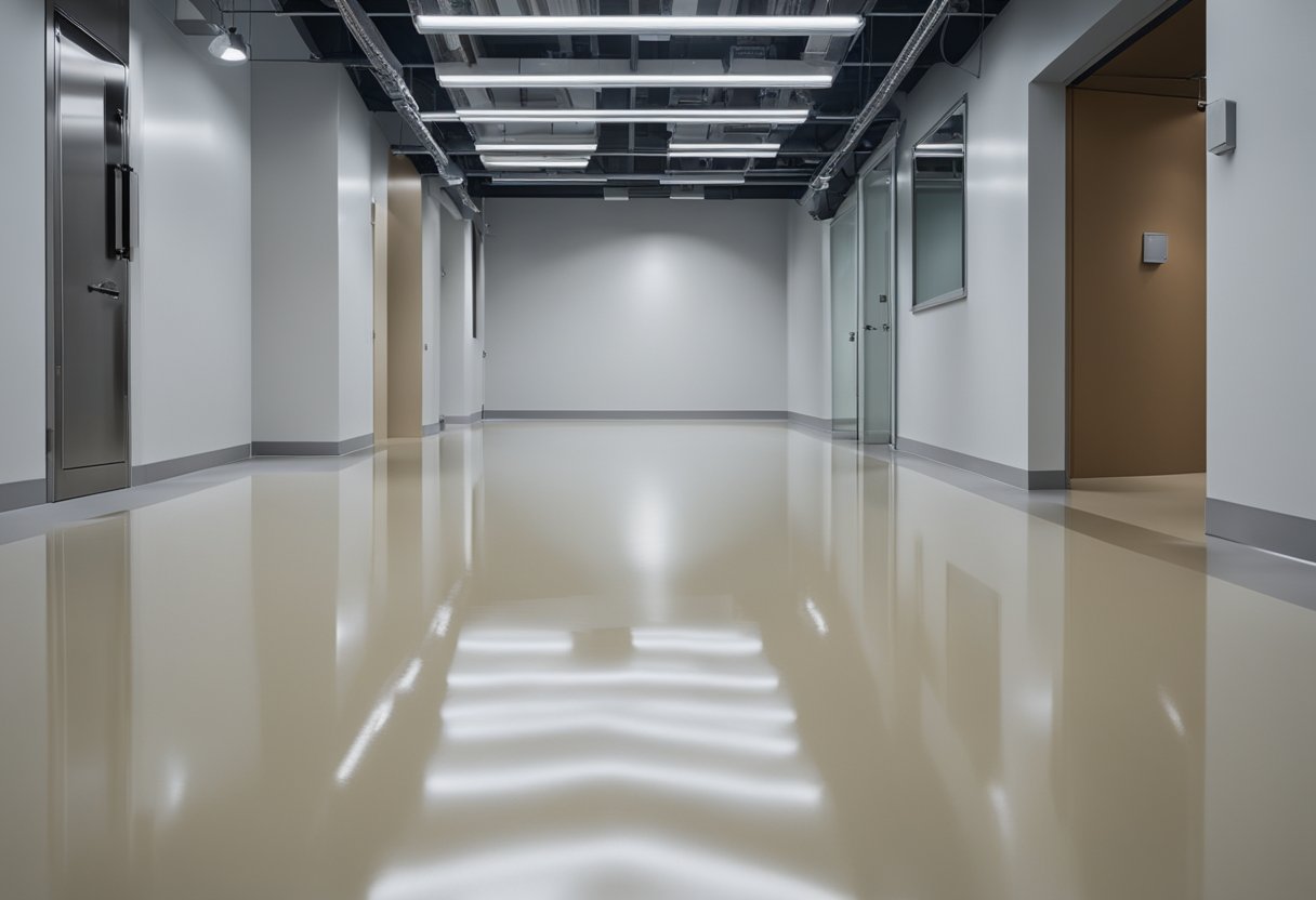 A smooth, glossy epoxy floor in a commercial setting, with clear, seamless application and a high-gloss finish