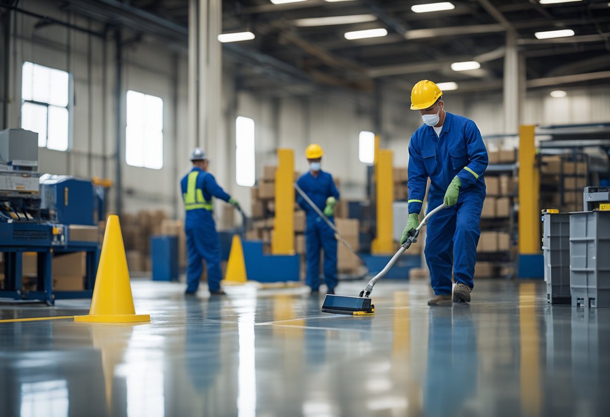 A warehouse floor being coated with epoxy, machines and equipment in the background, workers in safety gear applying the flooring