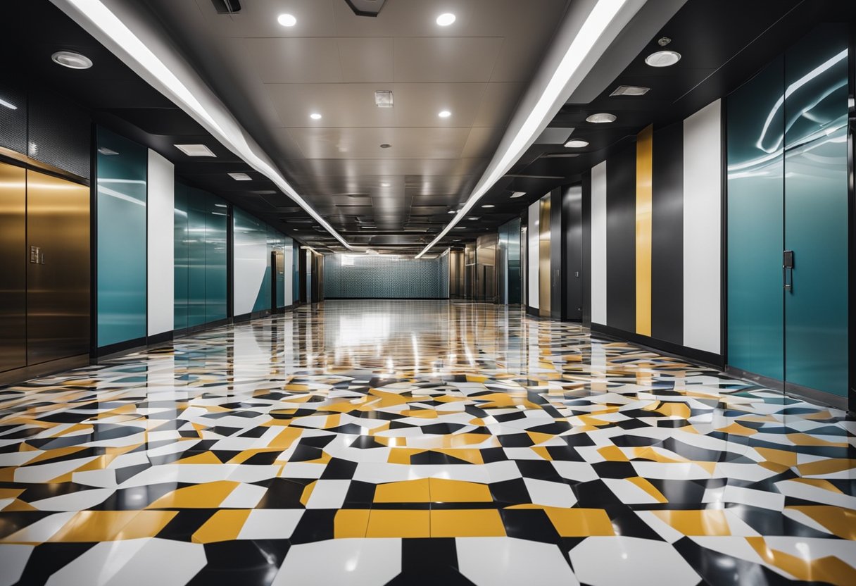 A sleek, modern epoxy floor with metallic accents and a glossy finish. Geometric patterns and bold colors create a visually striking and contemporary design