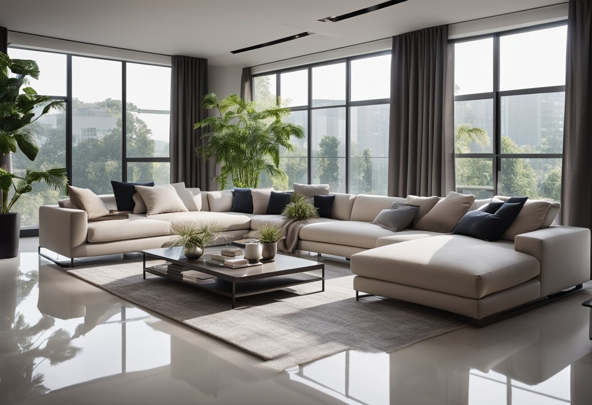 A modern living room with a glossy epoxy floor, clean and sleek furniture, and natural light streaming in through large windows