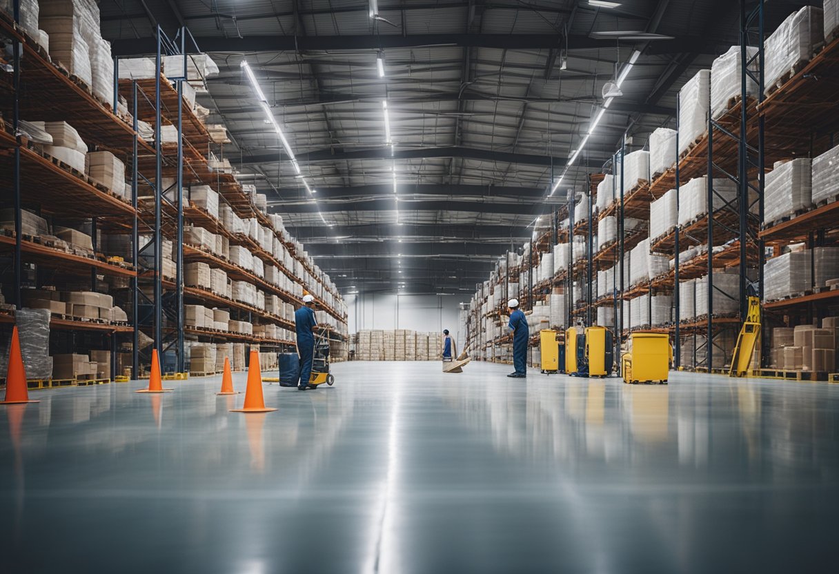 A warehouse with workers applying epoxy flooring in Mt. Lebanon, surrounded by industrial equipment and materials