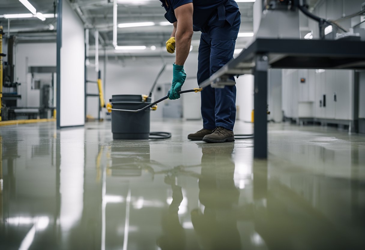 A technician applies epoxy coating to a concrete floor in a commercial space. Tools and equipment are scattered around the work area