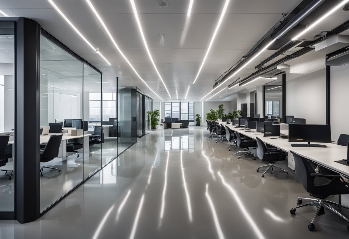 A sleek, modern office space with a glossy, seamless epoxy floor in the West End. Clean lines and a professional atmosphere