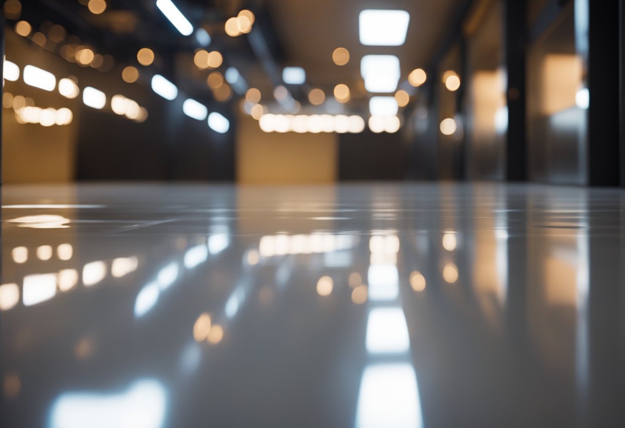 A smooth, glossy epoxy floor shines under bright lights in a modern West End space