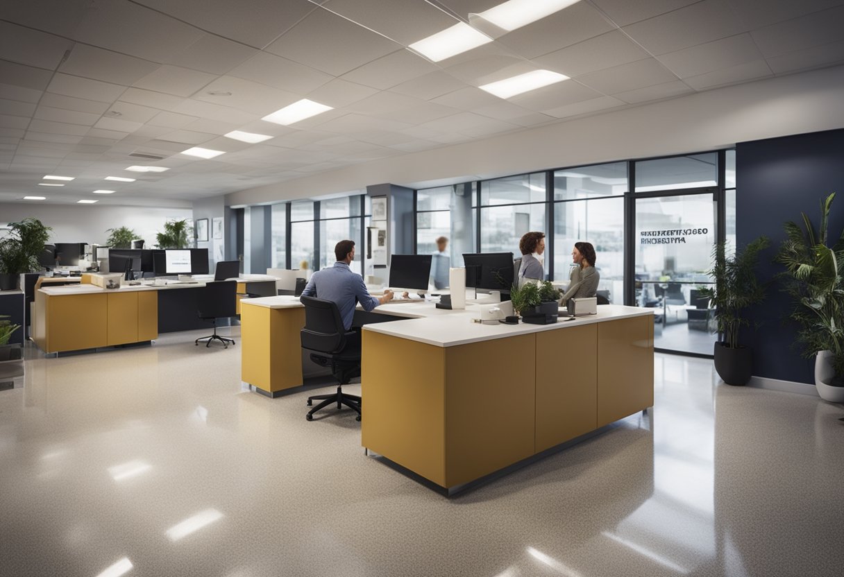 A busy office with people asking questions about West End Epoxy Flooring. A large sign with "Frequently Asked Questions" is displayed prominently