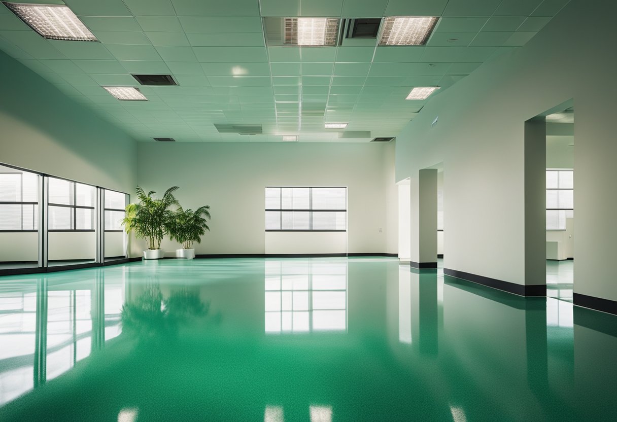 A spacious, well-lit room with a glossy, seamless epoxy floor. It exudes a modern, clean, and professional ambiance, with a subtle sheen and vibrant greenfield color
