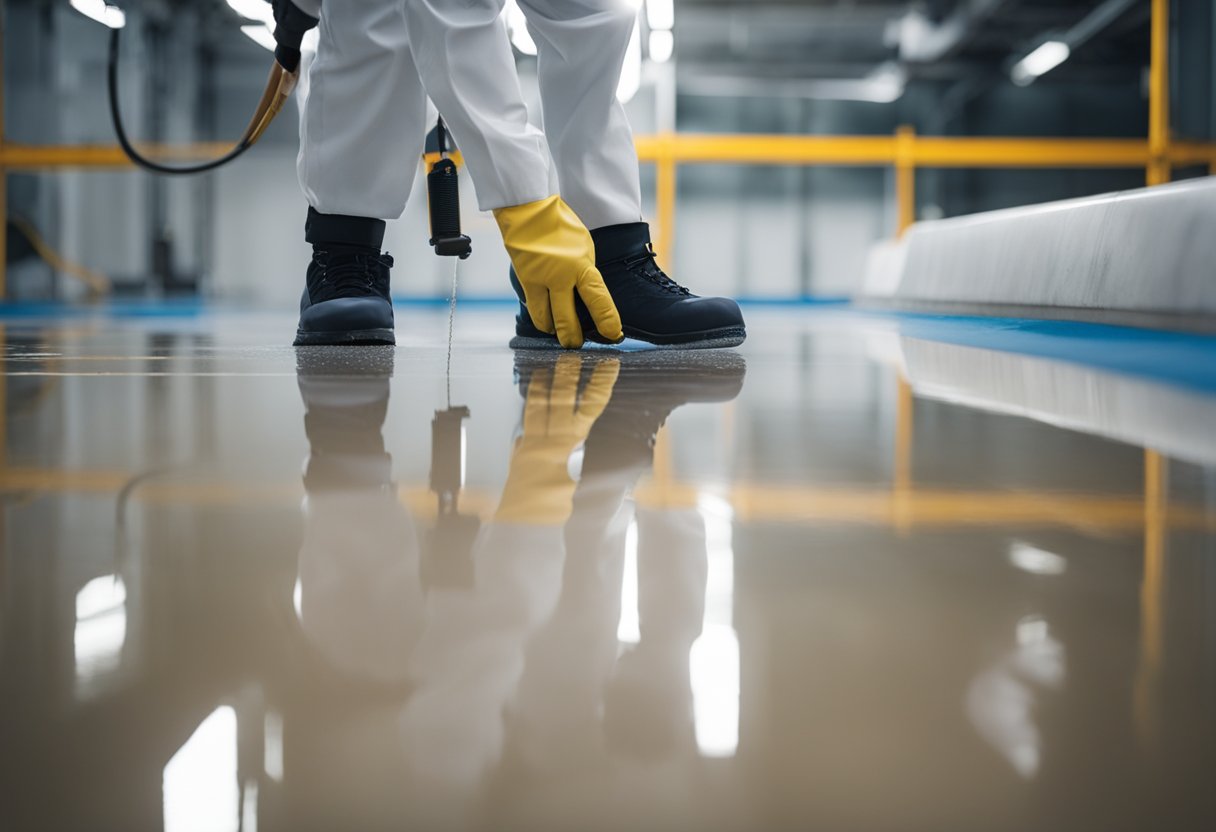 A worker applies epoxy flooring with precision and care, creating a seamless and glossy finish in a commercial space