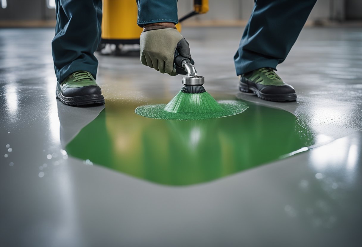 A worker pours epoxy onto a clean concrete floor, spreading it evenly with a roller. The floor transforms from gray to a glossy, seamless green surface