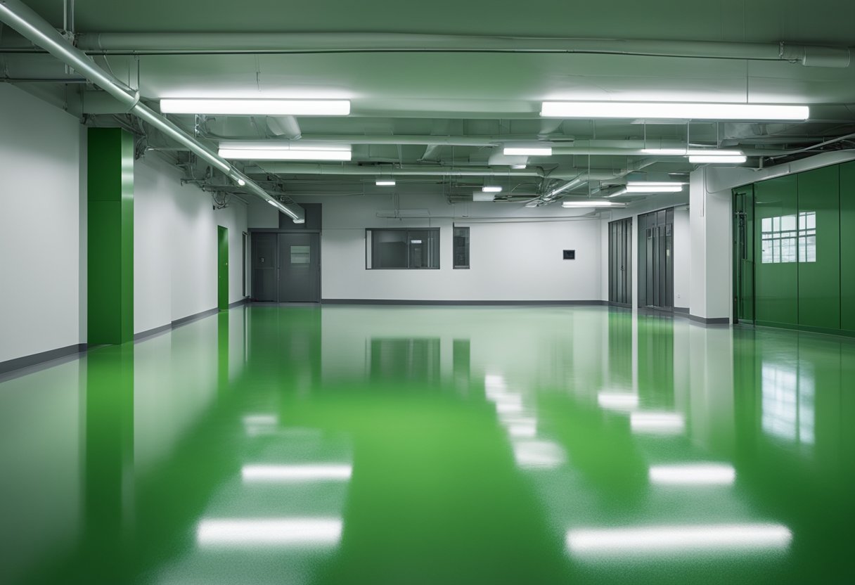 A clean and modern industrial space with a smooth, glossy epoxy flooring in a shade of green. The flooring is seamless and reflective, adding a sleek and polished look to the environment