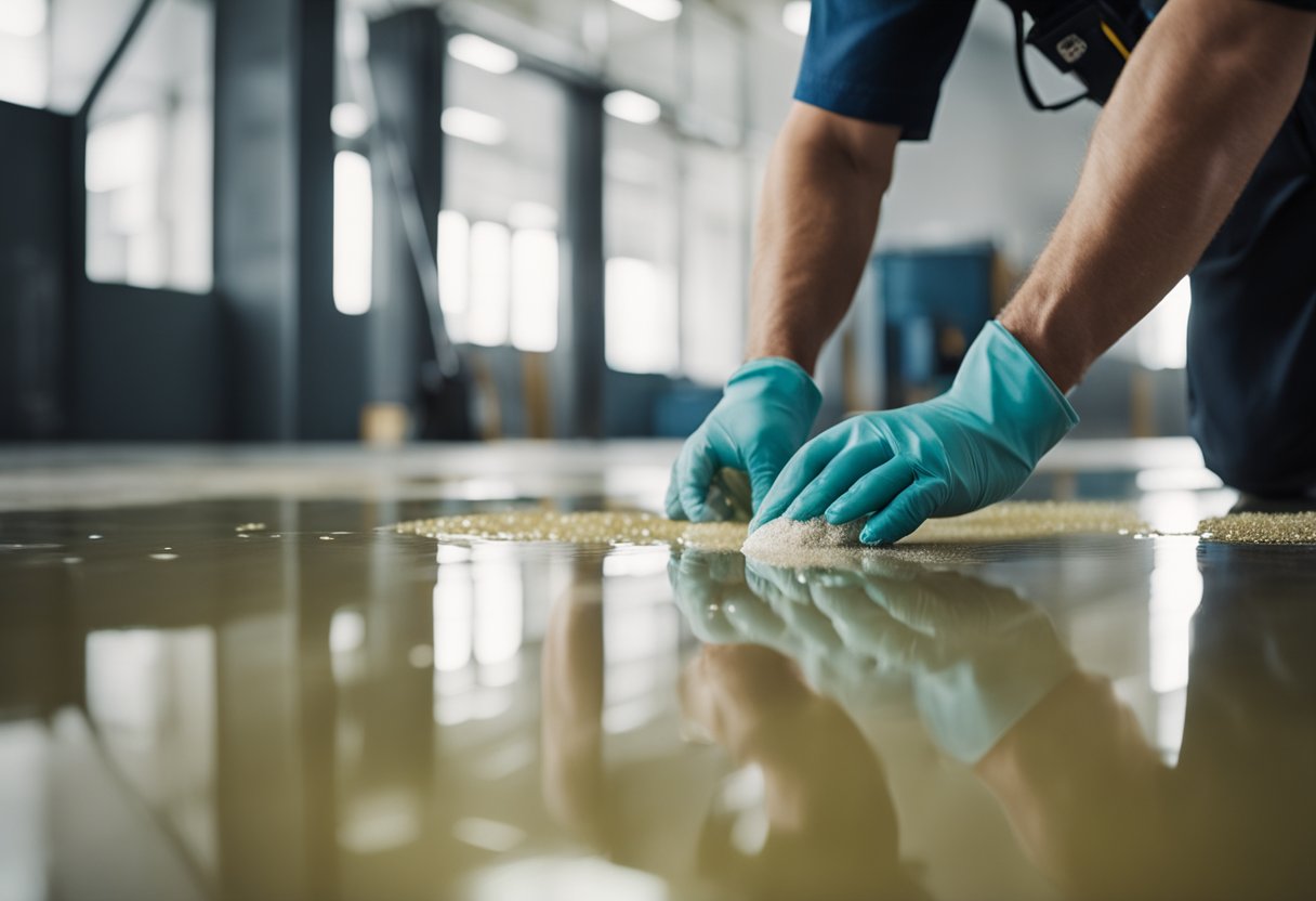A worker applies epoxy resin to a clean, level floor. Another worker spreads decorative flakes over the wet epoxy. A third worker seals the floor with a clear topcoat